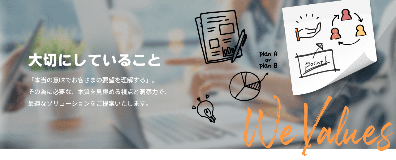 大切にしていること 「本当の意味でお客様の要望を理解する」。その為に必要な、本質を見極める視点と洞察力で、最適なソリューションをご提案します。